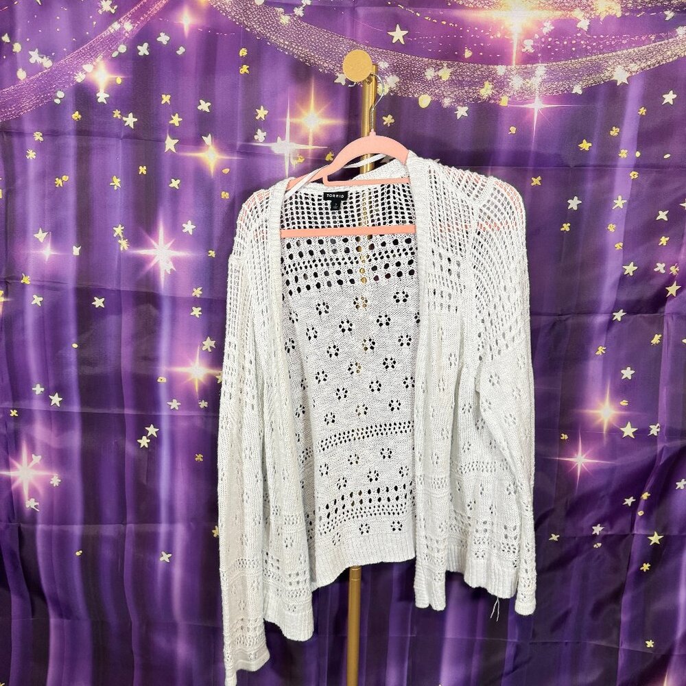 torrid White Open-Knit Crochet Cardigan